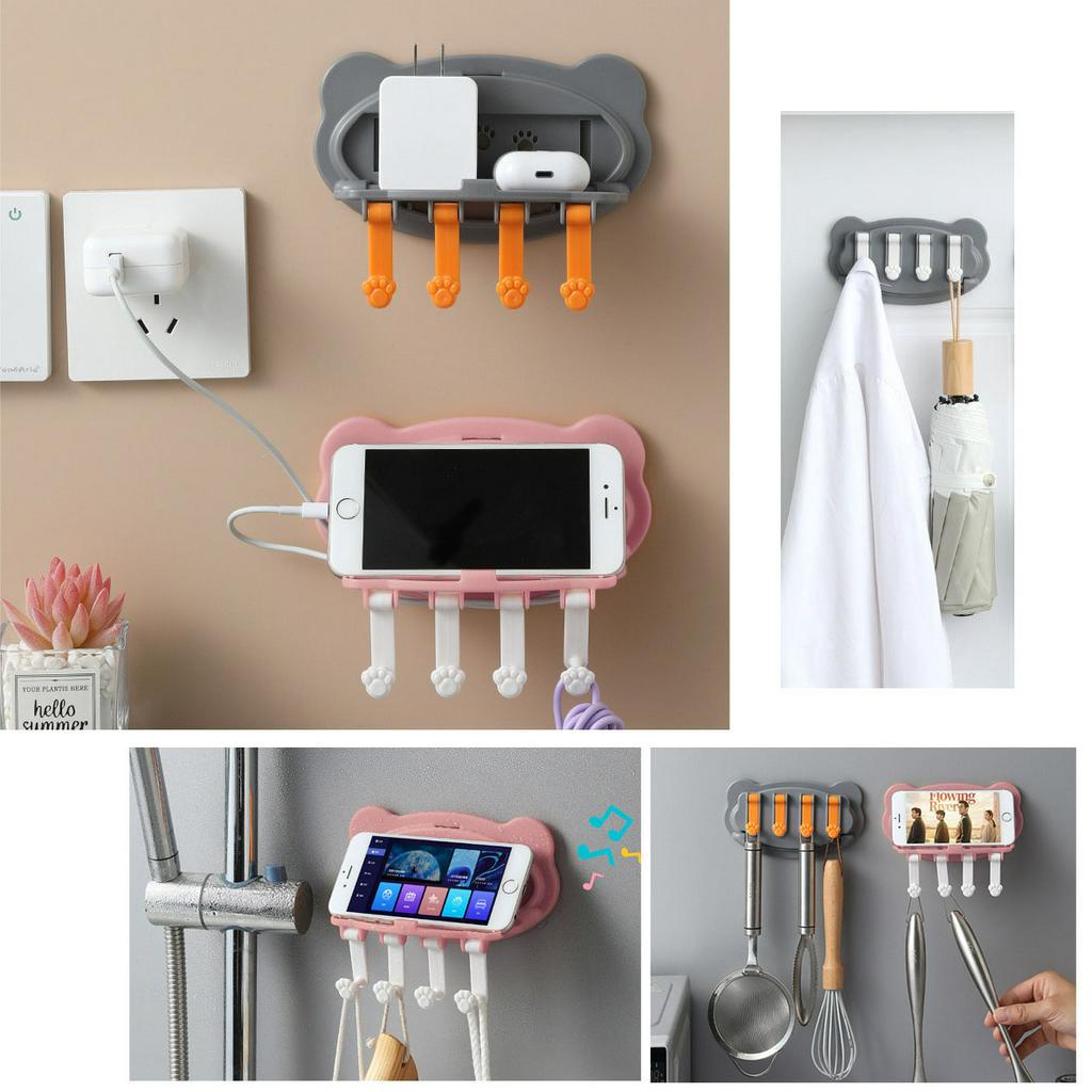 Kệ treo đa năng (K20) dán tường kèm 4 móc bàn chân, treo vật dụng nhà bếp, nhà tắm giá đỡ điện thoại