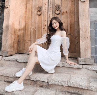 Đầm dự tiệc trễ vai  phối lưới