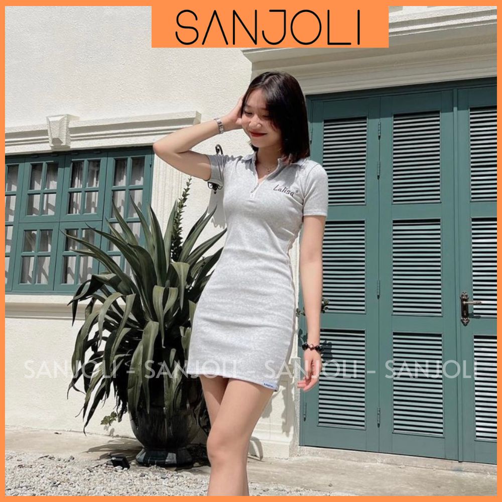 Đầm Body Nữ SANJOLI Váy Polo Dự Tiệc Tết Chất Len Gân Thiết Kế Xẻ Tà Cổ Trắng Hình Thêu Màu Xám Xinh VD030