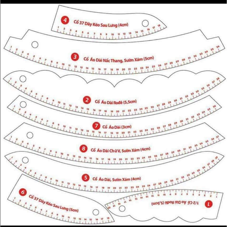 Bộ thước 8 cây vẽ cổ áo dài và các loại cổ áo khác