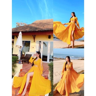 [SẴN HÀNG] (miễn phí chỉnh váy) đầm maxi xẻ tà du lịch đà lạt sa mạc boho ulzaang chụp hình sống ảo thiết kế sang trọng