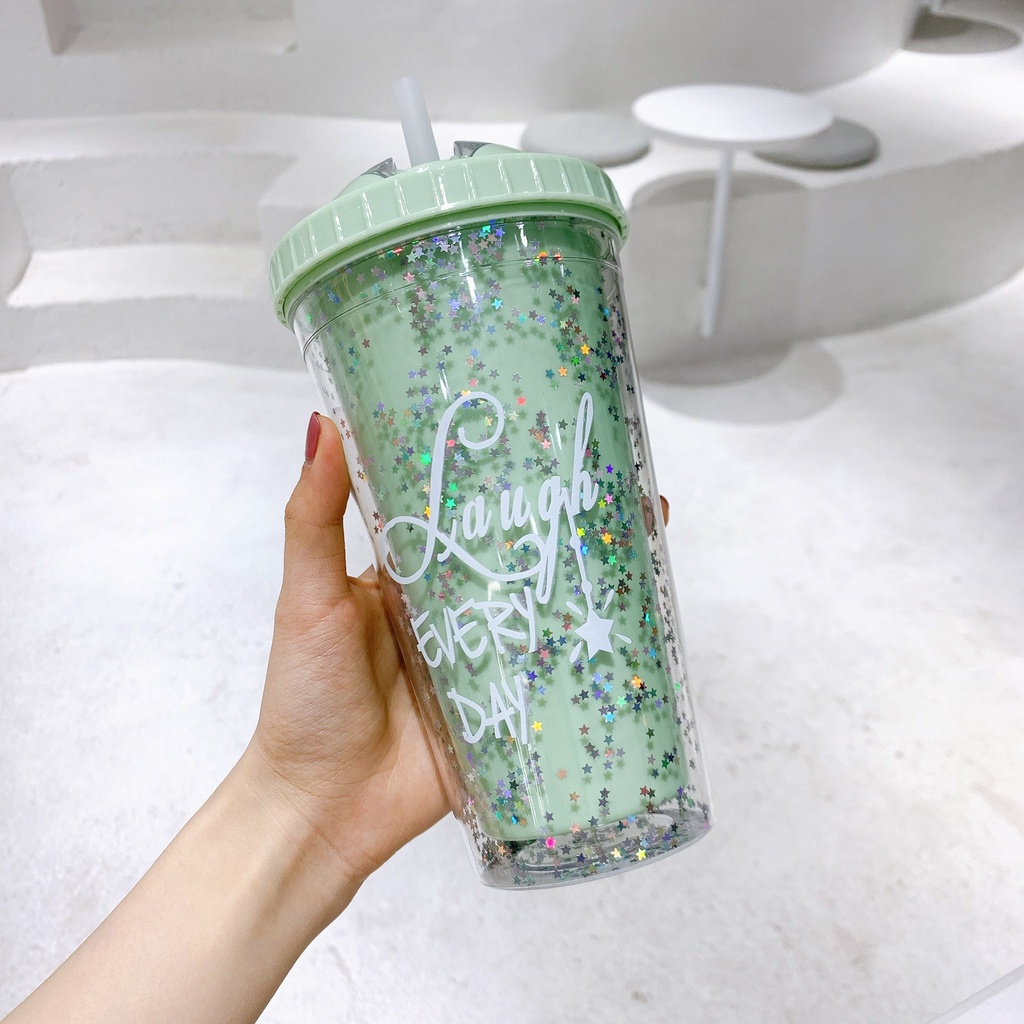 Bình Nước Kim Tuyến Dung Tích 550Ml Kèm Ống Hút Tiện Lợi Khi Đi Du Lịch