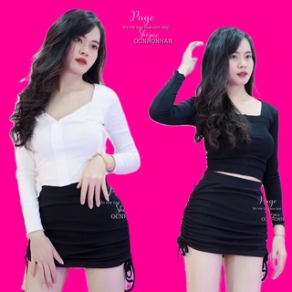 Áo thun nút tay dài phối chân váy rút dây