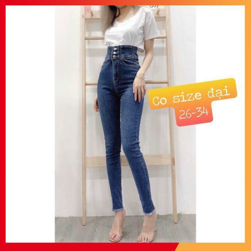 Quần jean nữ lưng siêu cao 💖𝐅𝐑𝐄𝐄𝐒𝐇𝐈𝐏💖 phối 3 cúc trước có size đại siêu hot trend