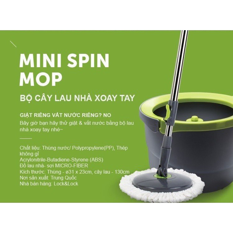 (Sẵn Hàng)Bộ chổi lau nhà Lock&Lock,Cây lau nhà xoay tay mini Spin Mop Lock and Lock ETM498