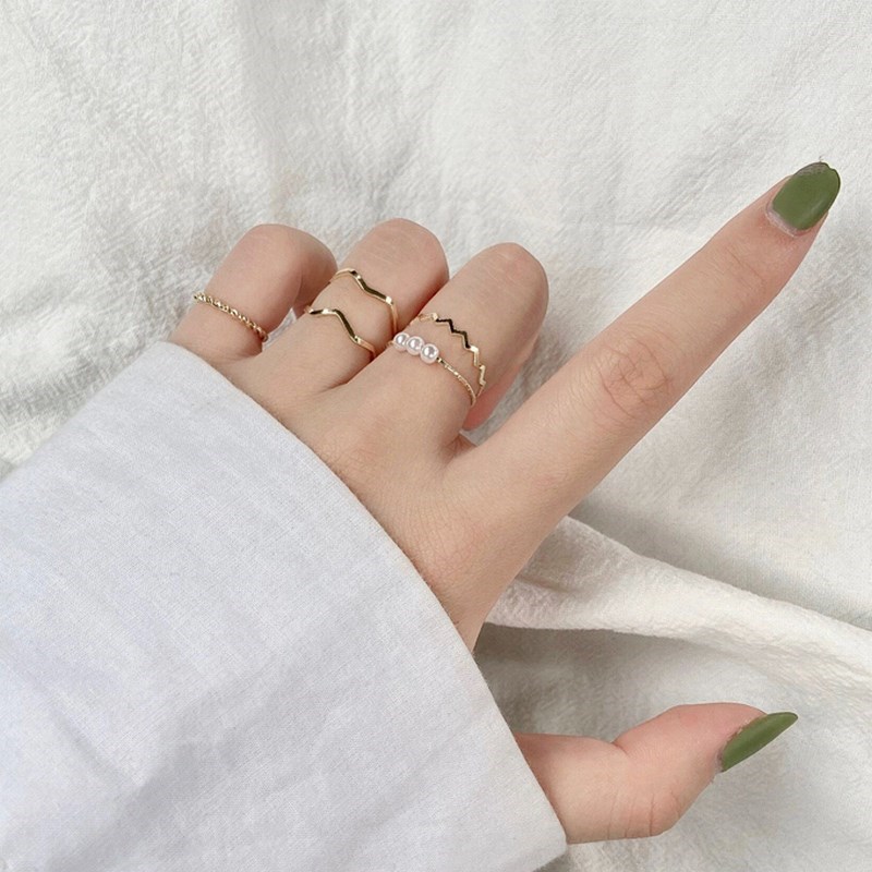 Set 5 Nhẫn Đeo Tay Kim Loại Đính Ngọc Trai Giả Vintage Cho Nữ