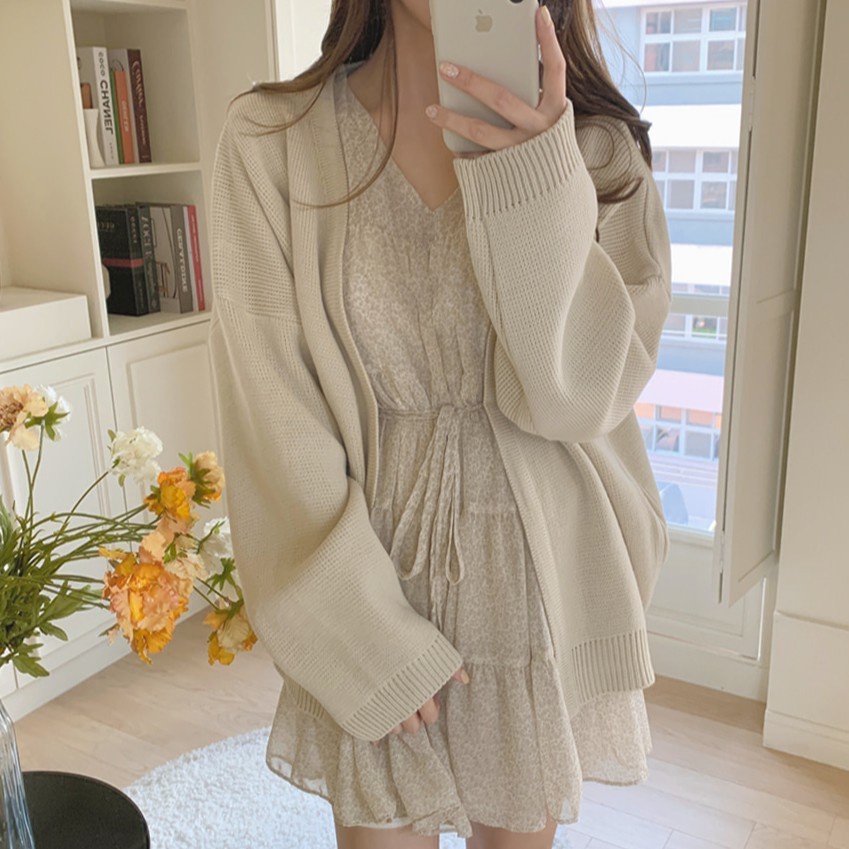 Đầm voan hoa tay dài dáng rộng phong cách thời trang Hàn Quốc 42155