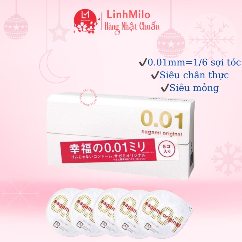 Bao cao su Sagami Original 0.01 hộp 5 chiếc siêu mỏng, siêu dai Nhật Bản