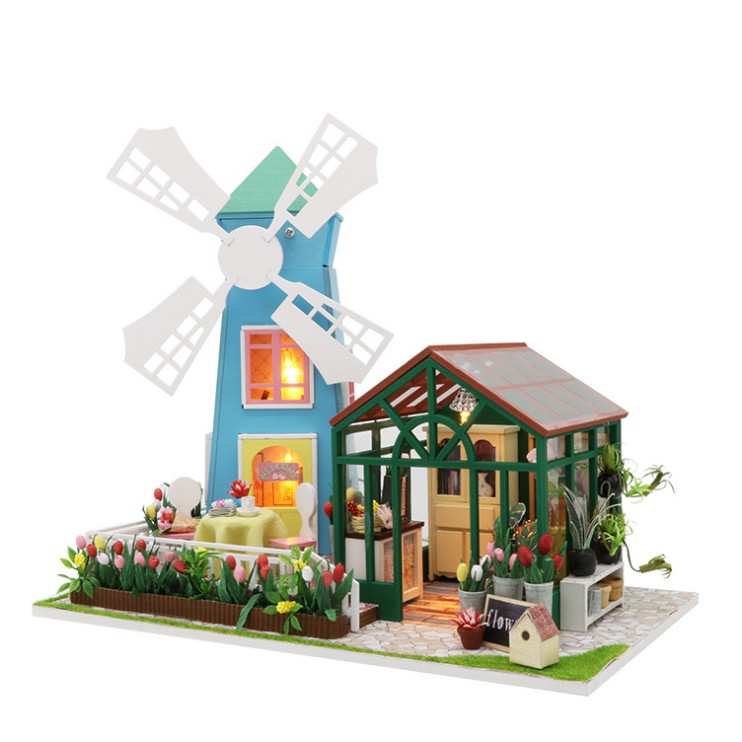 Mô hình nhà DIY Doll House Amsterdam Windmill Flower House Kèm Mica chống bụi, Bộ dụng cụ và Keo dán