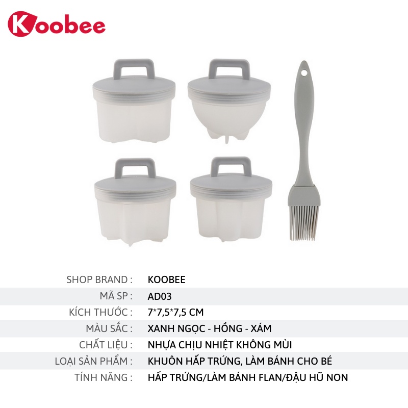 Bộ 4 khuôn hấp trứng, làm bánh flan, làm đậu hũ, pudding cho bé (tặng chổi phết silicon) KOOBEE (AD03)