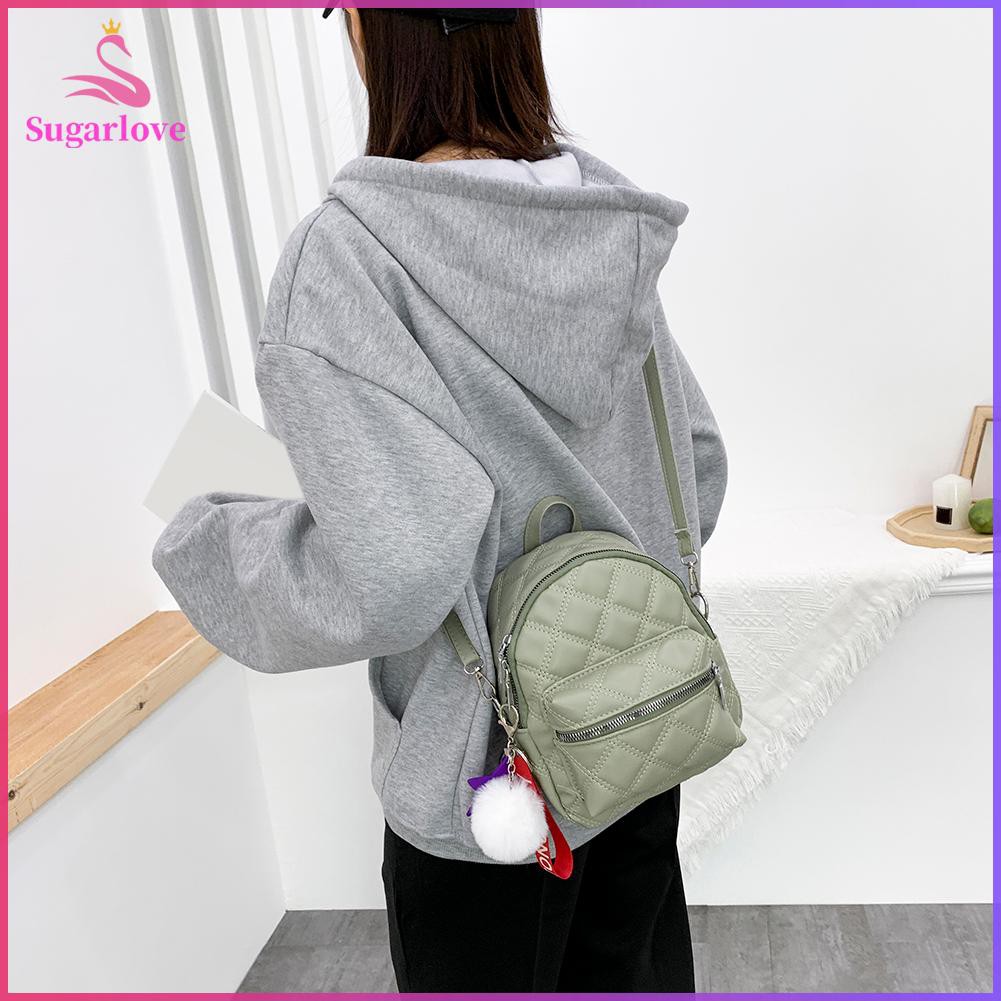 Beautiful※PU Leather School Backpack Lattice Pattern Women Pompom Shoulder Messneger Bags