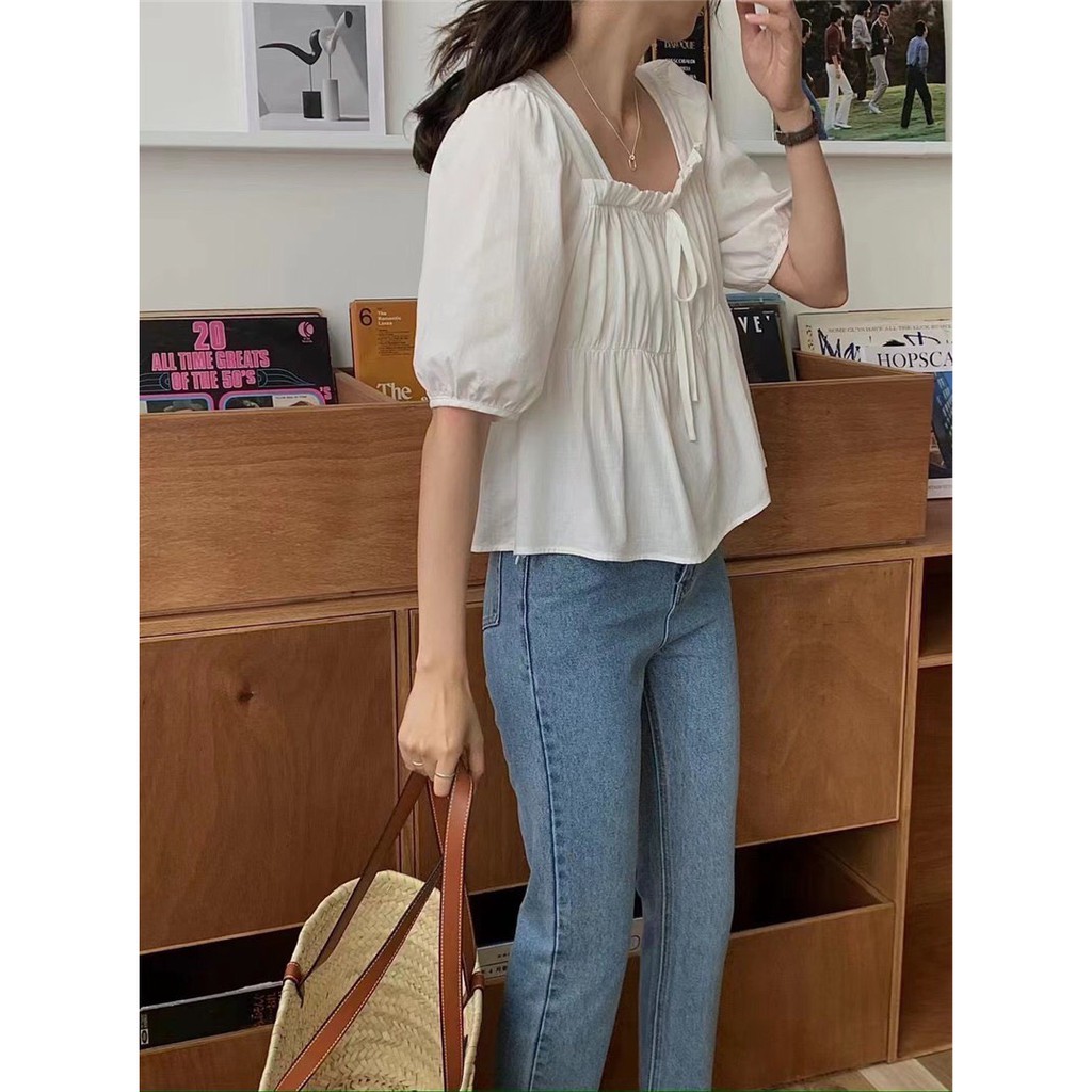 Áo sơ mi nữ tay bồng xếp ly ngực dáng babydoll | BigBuy360 - bigbuy360.vn