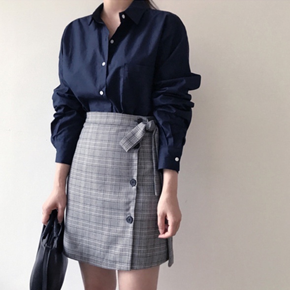 Chân váy chữ a lưng cao kẻ sọc đính nơ xinh xắn 26477