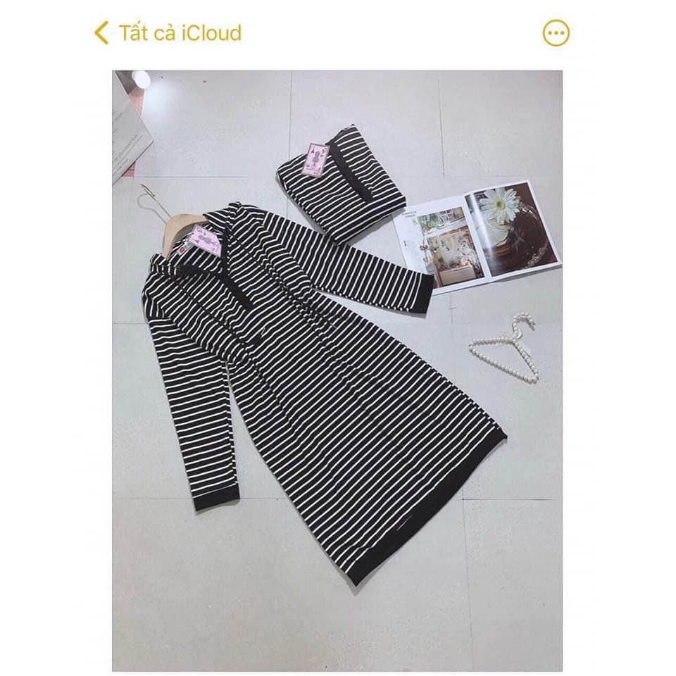 Váy suông mũ kẻ ngang đen trắng ,dài tay,dày dặn dáng rộng có mũ | BigBuy360 - bigbuy360.vn