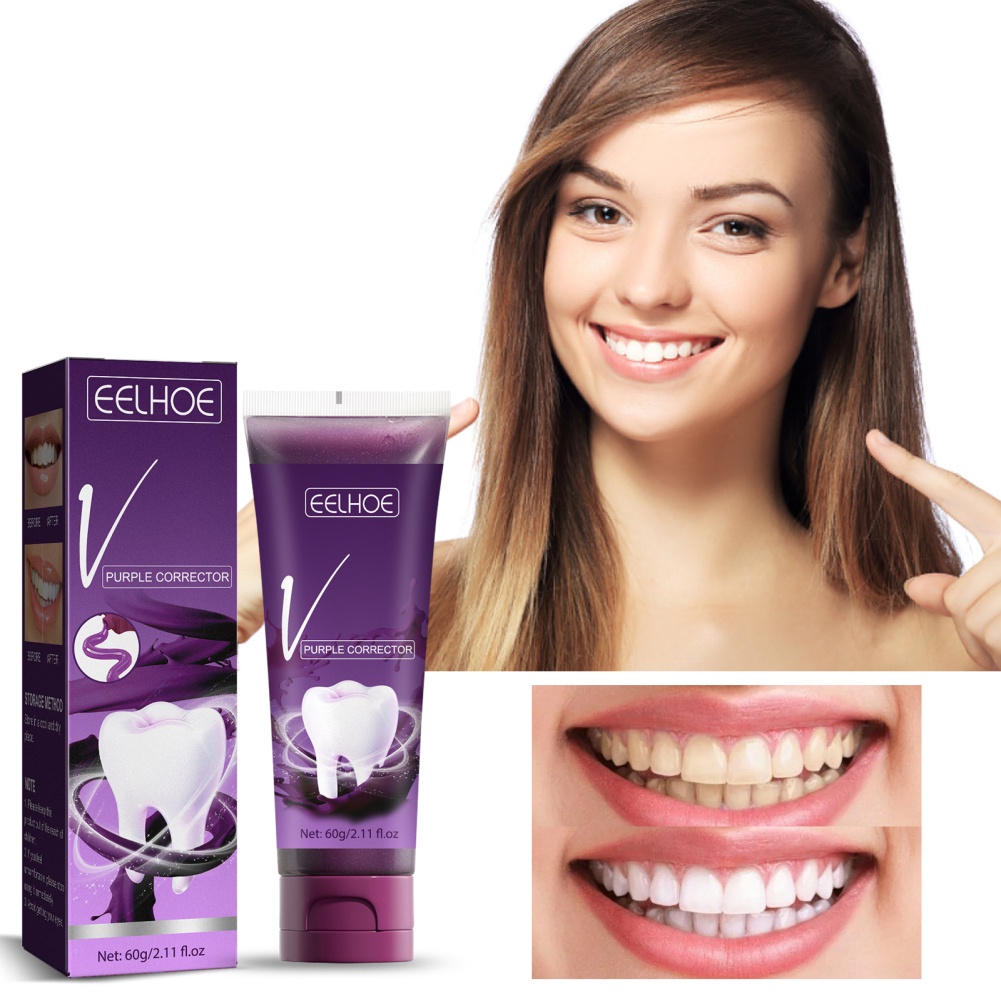 Eelhoe V34 Tooth Whitening Essence Tooth Essence Powder Purple Toothpaste To Remove Tooth Smoke Stains Dental Plaque Oral Hygiene Tools Cleaning Care okase