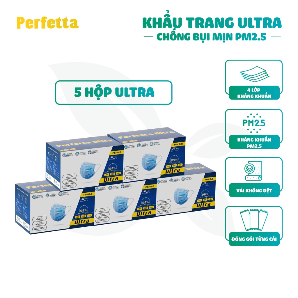 Combo 5 Hộp Khẩu Trang Y Tế Cao Cấp Perfetta Ultra 4 Lớp Kháng Khuẩn, Lọc Bụi Mịn PM 2.5 (35 cái/hộp)