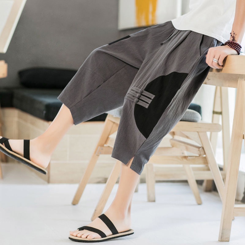 Quần Lửng Thể Thao Bằng Vải Lanh Dáng Rộng Phong Cách Trung Hoa Giản Dị Dành Cho Bạn Nam