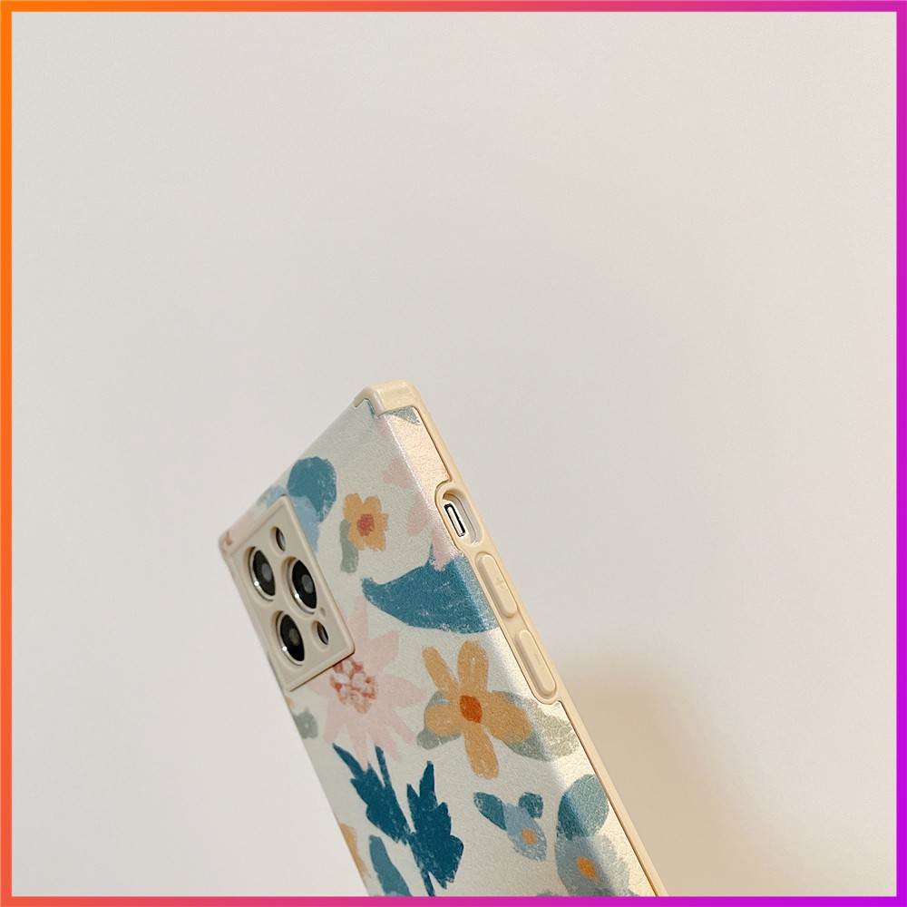 Ốp điện thoại da vuông in hình hoa chống sốc phong cách Hàn Quốc cổ điển cho iphone12mini 11pro max 7 8Plus SE2 Xs