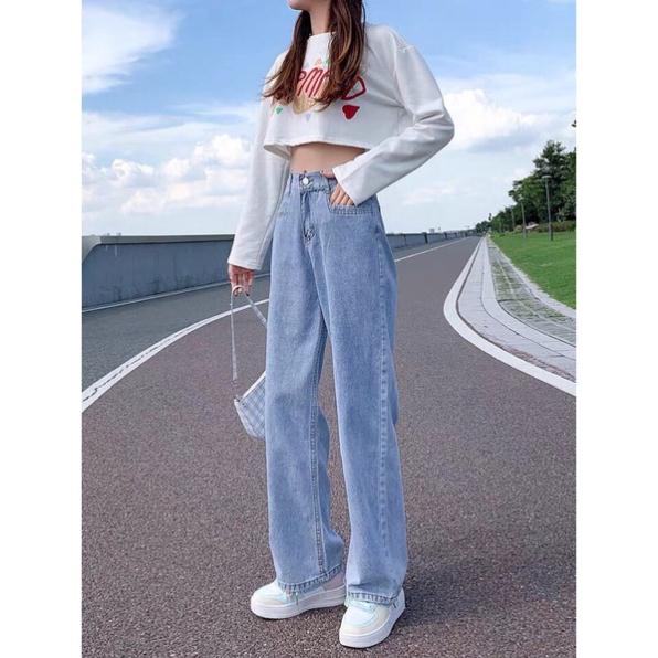 Quần jean bò chun ống rộng suông nữ jeans cạp cao phong cách Hàn Quốc 3 size S M L hót 2021