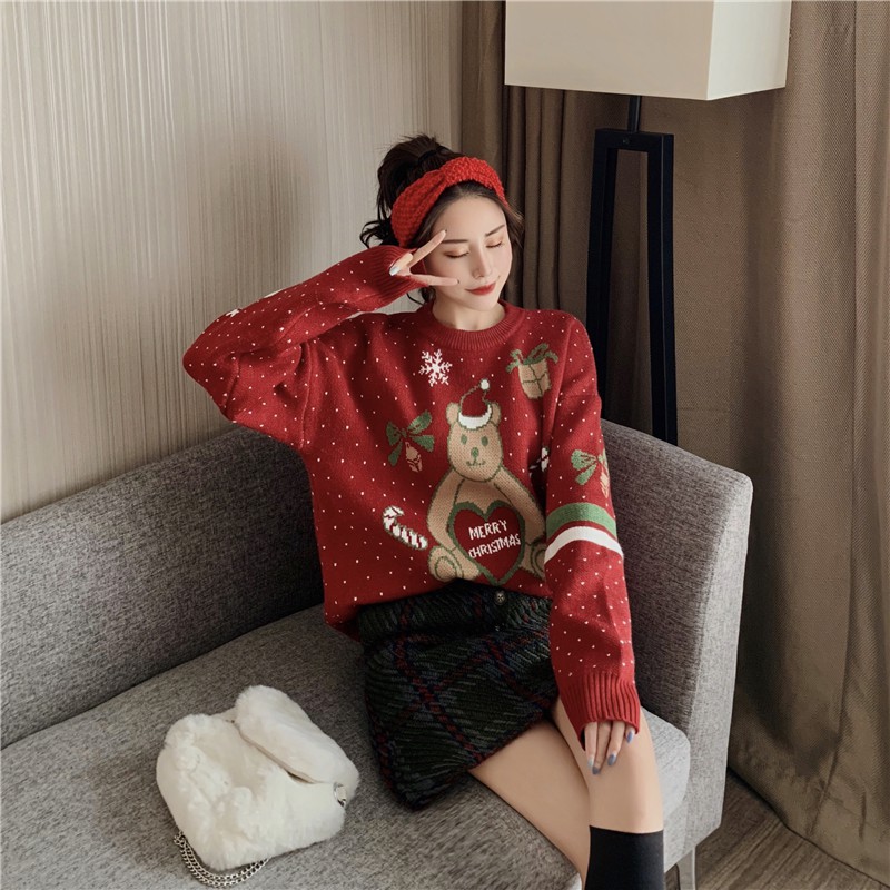 Set Áo Sweater Màu Đỏ Phối Chân Váy Len Lưng Cao Phong Cách Giáng Sinh