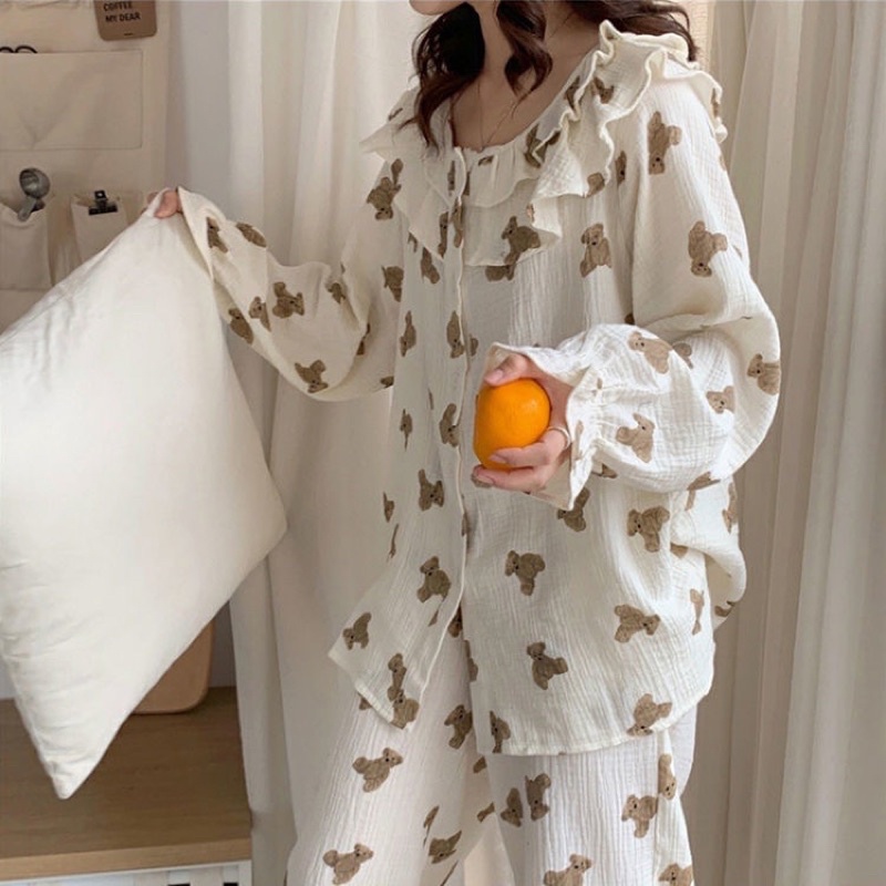 Đồ ngủ pijama dài tay đồ mặc nhà đũi xốp gấu nâu cổ bèo hè thu đông Hàn Quốc ullzang
