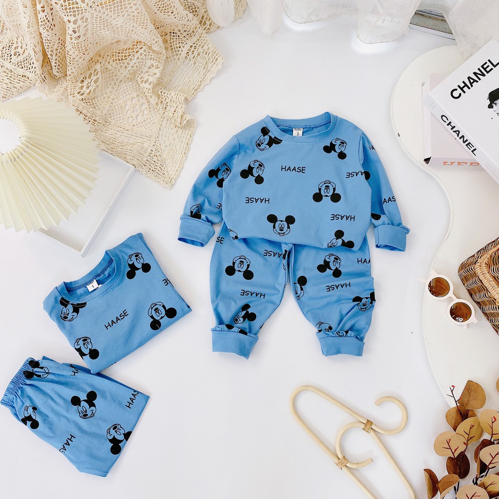 Bộ Quần Áo Dài Tay Mùa Thu In Hình Micky Xanh Trời Vải Cotton Cho Bé Trai Từ 8-20kg Mã DT21