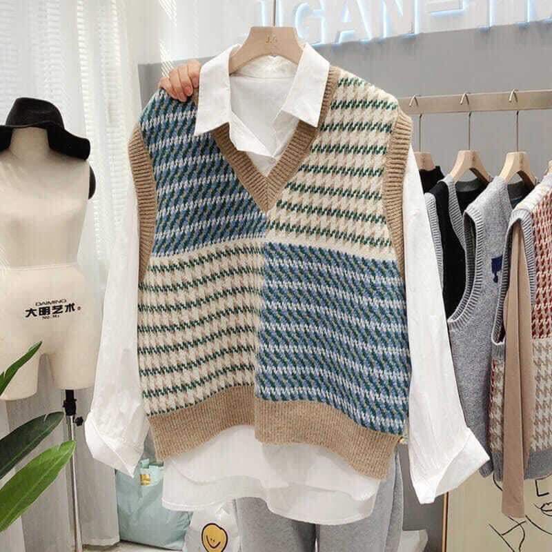 Áo Gile Len Nữ Cổ V Hoạ Tiết Vintage siêu Cá Tính GL001