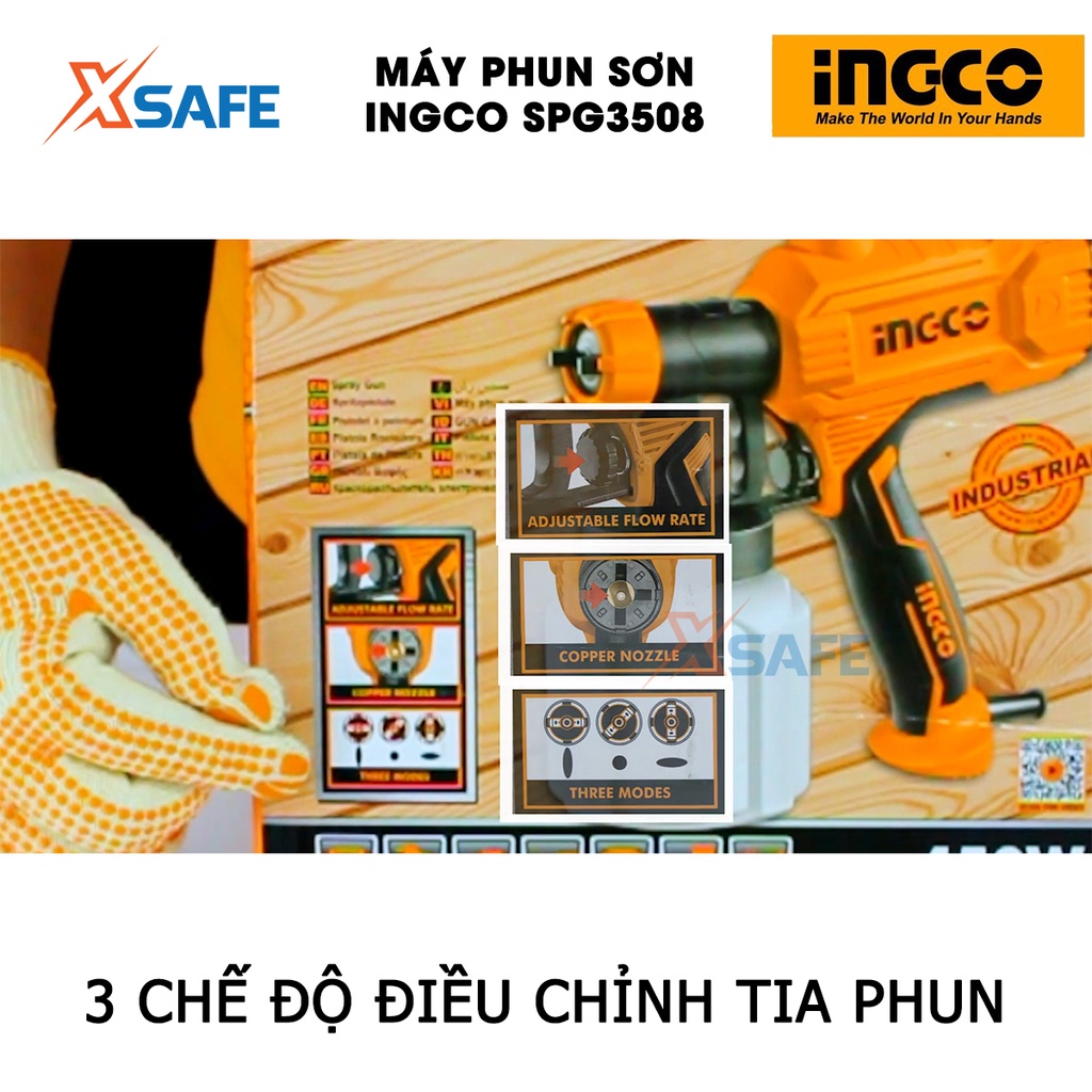 Máy phun sơn cầm tay INGCO SPG3508 450W Súng phun sơn điện đầu béc 2.5mm, bình chứa 800ml kèm cốc đo độ nhớt kim vệ sinh