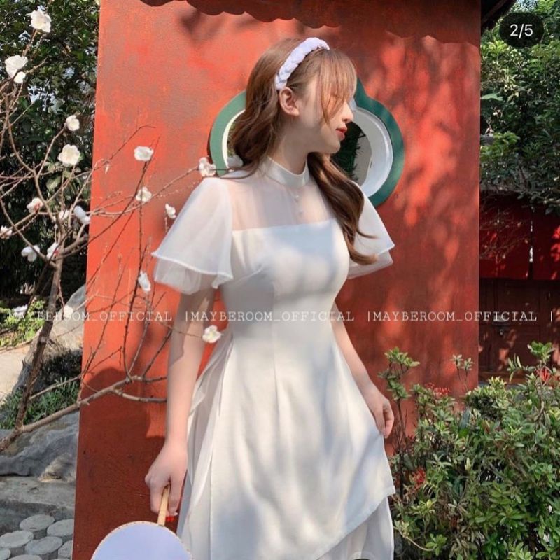 Áo dài cách tân trắng kèm chân váy xòe ullzang kèm ảnh thật