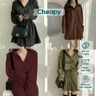 Áo váy sơ mi nữ dài tay nhung kèm đai freesize phom rộng Cheapy đen đỏ nâu rêu oversize giấu quần hack dáng ulzzang C674