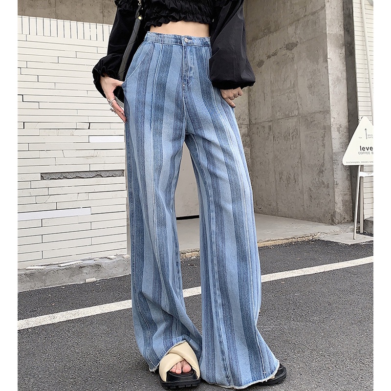 Quần Jean Dài Dáng Rộng Ống Suông Hoa Văn Kẻ Sọc Thời Trang