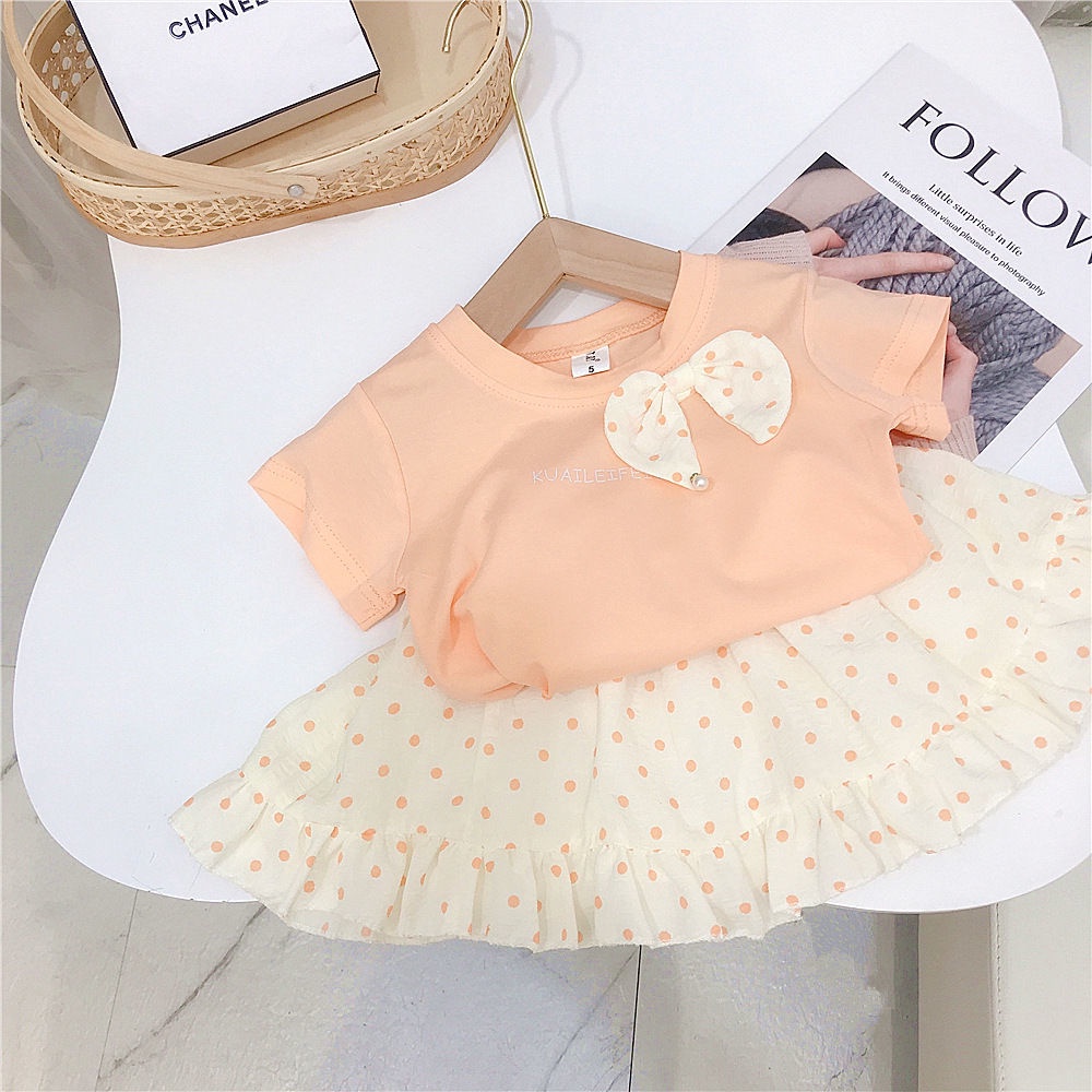 Set Áo Thun Tay Ngắn Thắt Nơ + Chân Váy Chấm Bi Thời Trang Hè Hàn Quốc 2023 Mới Cho Bé Gái