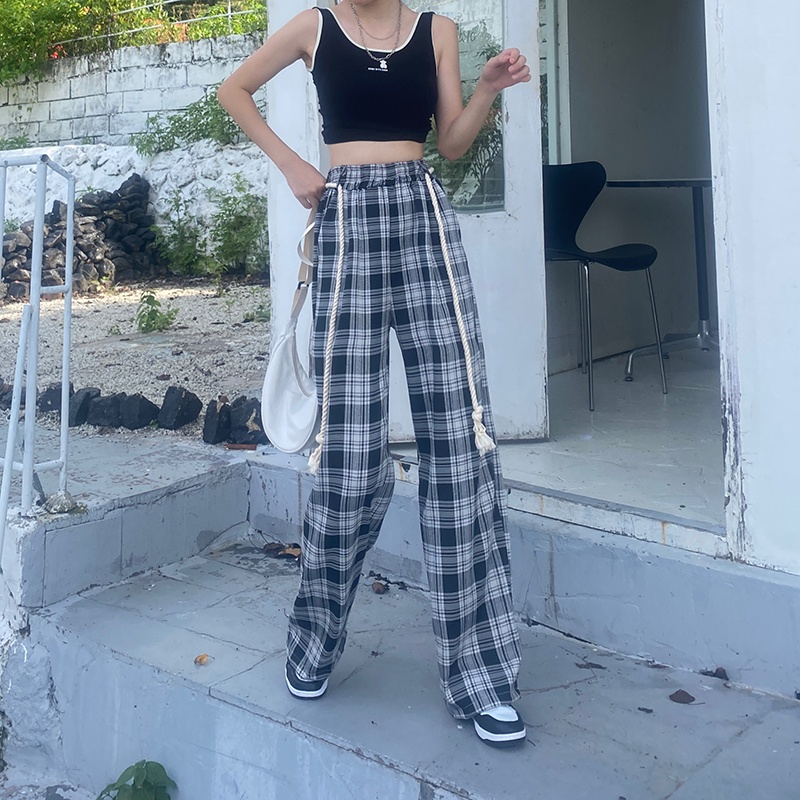 Quần dài SUXI lưng cao ống rộng họa tiết sọc caro phong cách vintage thời trang cho nữ