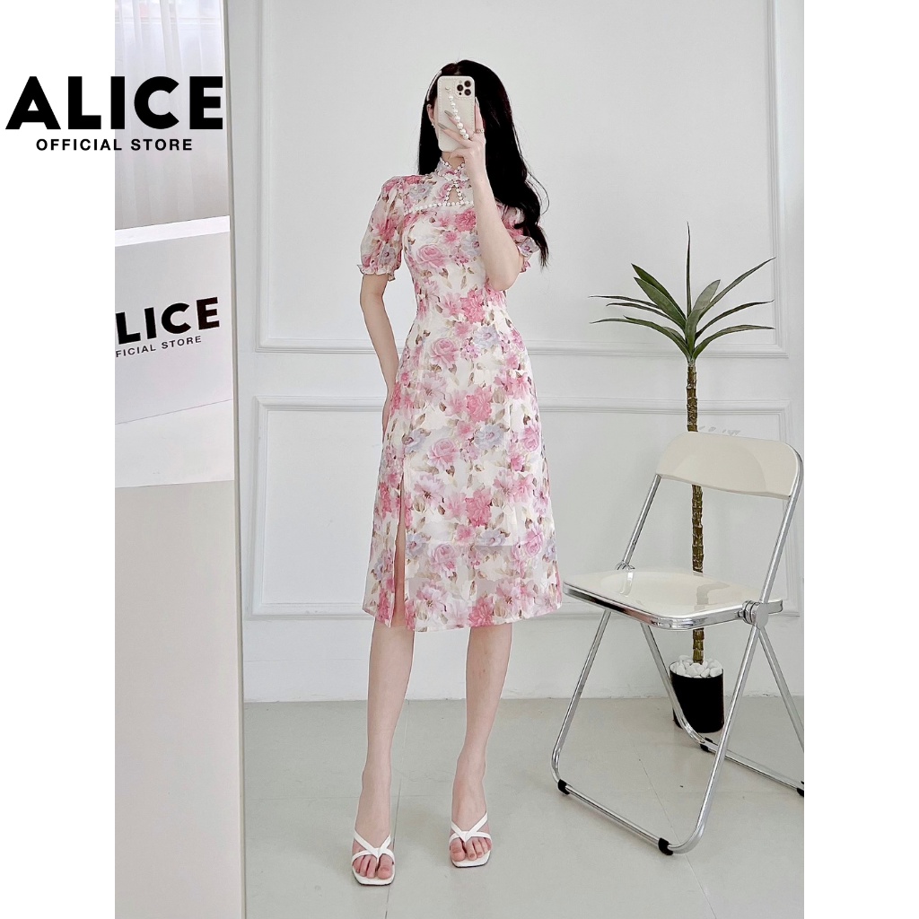 Sườn Xám Cách Tân Tay Ngắn ALICE Thiết Kế Tiểu Thư Chất Tơ Ép Họa Tiết Hoa Quyến Rũ Sang Chảnh V761 | BigBuy360 - bigbuy360.vn