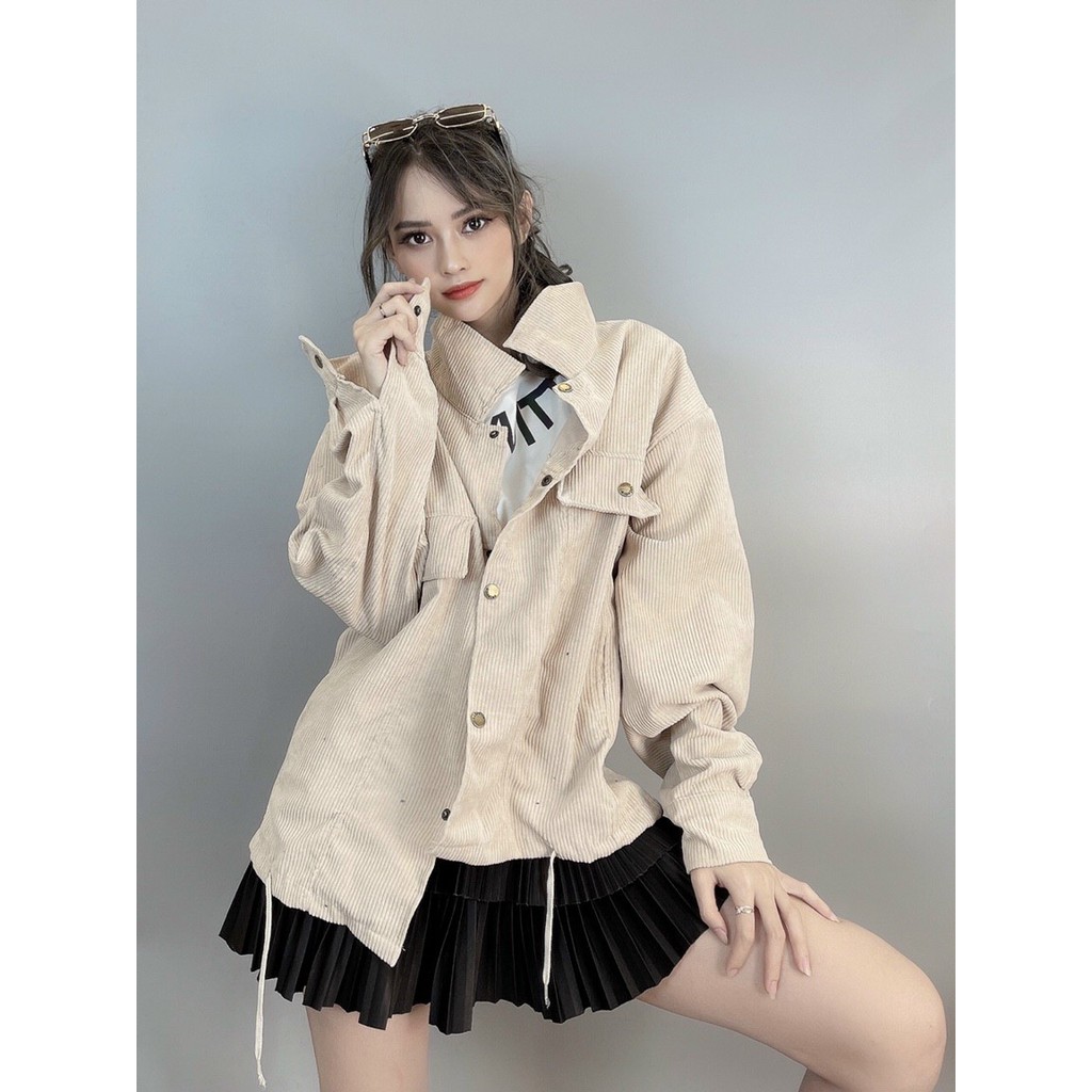 ÁO KHOÁC SƠ MI BOMBER KAKI NHUNG GÂN TAY PHỒNG NÚT BÂM FORM RỘNG UNISEX NAM NỮ ULZZANG