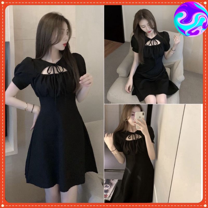 Váy đầm nữ dáng xòe dây ngực buộc dây, có 2 màu Đen, Trắng, khóa kéo sau