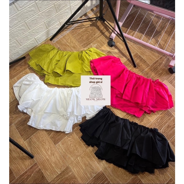 Áo kiểu trễ vai bèo nhún tầng croptop vải voan tiểu thư đi chơi