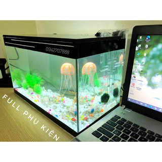 Set bể cá mini có lọc kèm nắp đèn và 8 món( bể, lọc, cây, sỏi màu, vỏ sò biển, nắp đèn led, ,sứa silicon ,thức ăn cá)