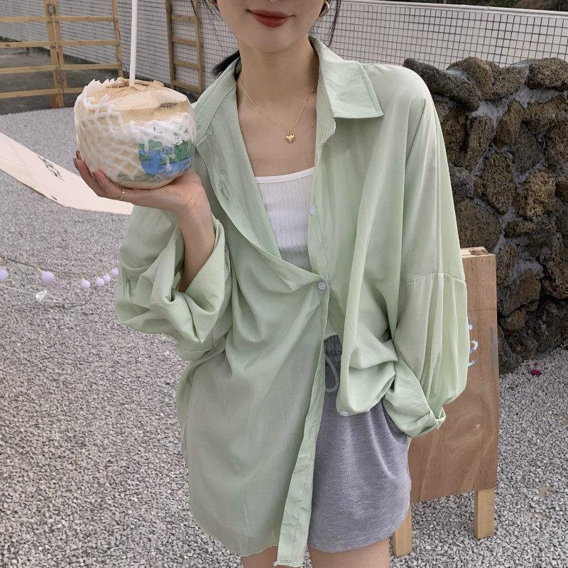 Áo Sơ Mi Vải Lụa Lạnh Mỏng Tay Dài Dáng Rộng Chống Nắng Thời Trang Mùa Hè Cho Nữ