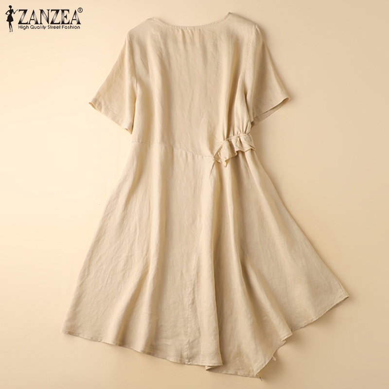 Zanzea Đầm Tay Ngắn Cổ Tròn Màu Trơn Thời Trang Dành Cho Nữ