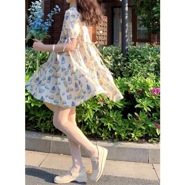 Đầm tay phồng lưng cao in họa tiết xinh xắn dành cho nữ