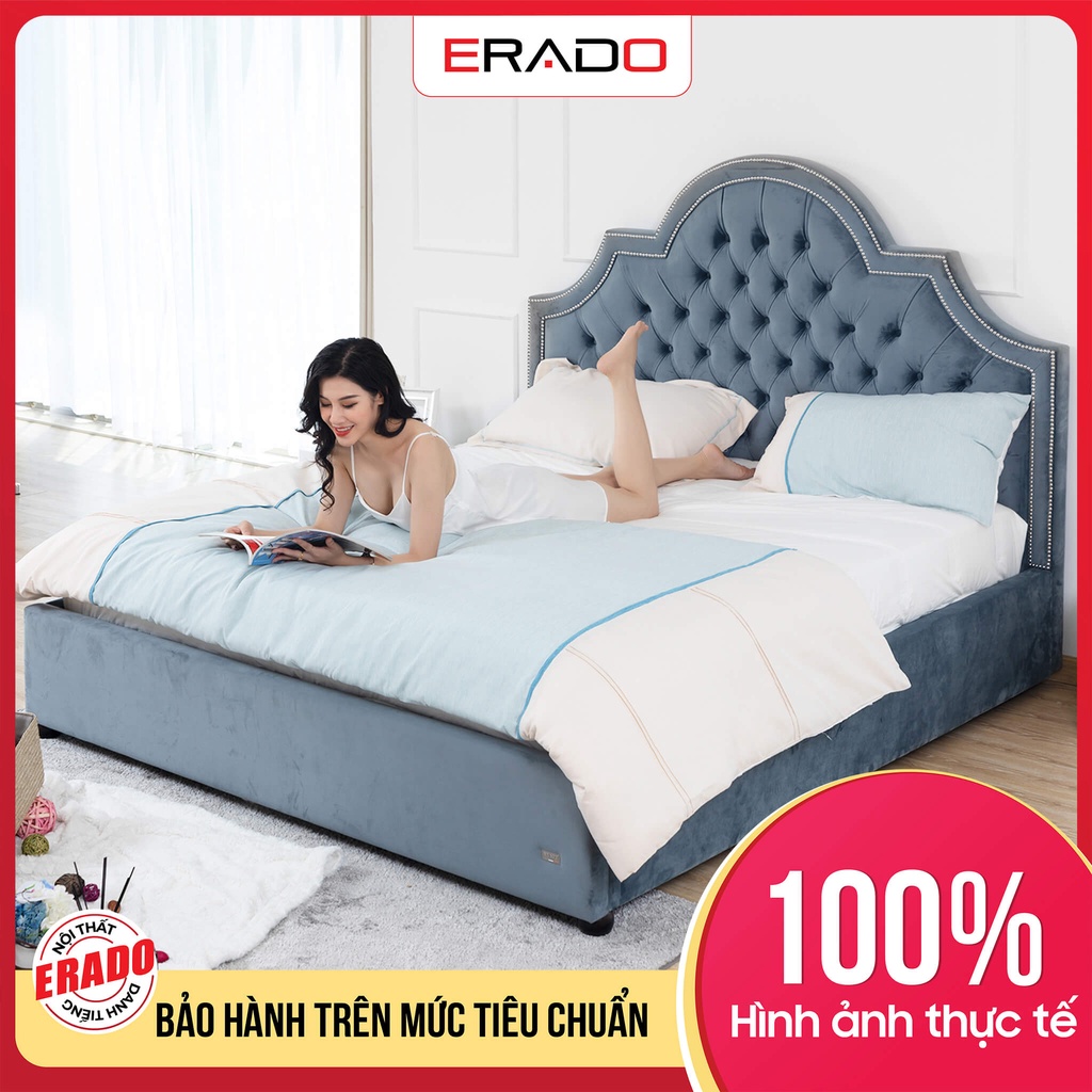 Giường ngủ bọc vải xanh 1m8 x 2m cao cấp nhập khẩu, bộ giường ngủ phong cách kết hợp hiện đại và cổ điển châu Âu mã A83