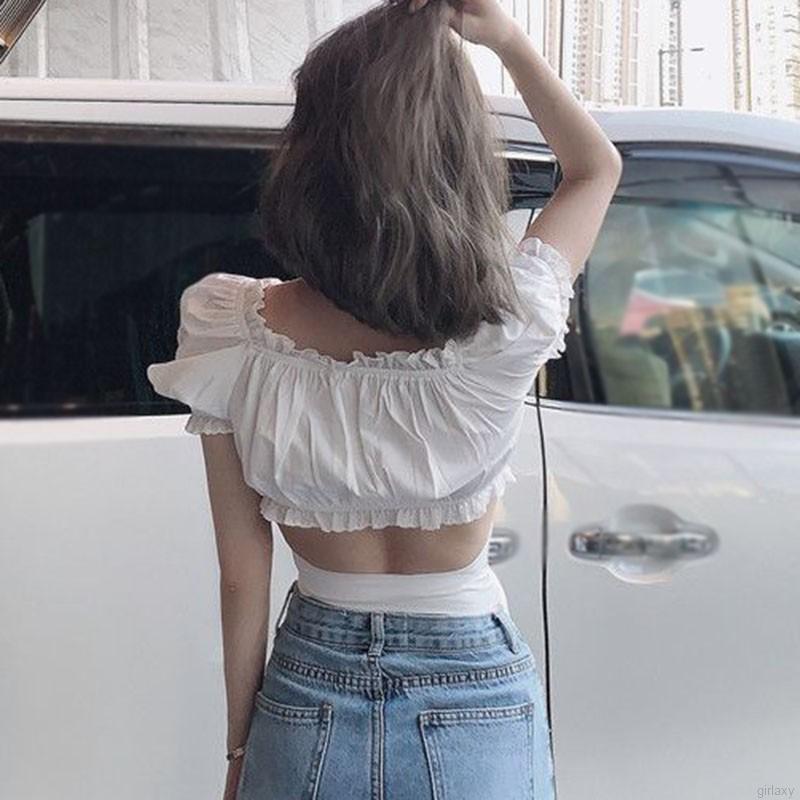 Áo croptop tay ngắn cổ chữ V màu trơn phối dây đan chéo kiểu dáng retro phong cách Hàn Quốc