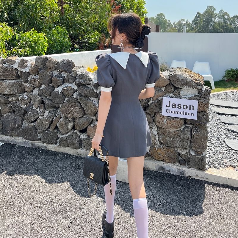 [Spot] Đầm Cổ Chữ V Tay Phồng Hai Hàng Nút Thời Trang Đơn Giản Phong Cách retro Hàn Quốc