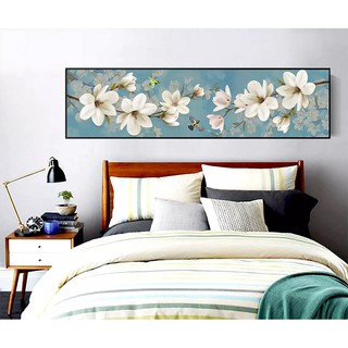 Tranh canvas treo tường hoa trắng xanh hiện đại sang trọng VIP1695 - 110 x 30 cm