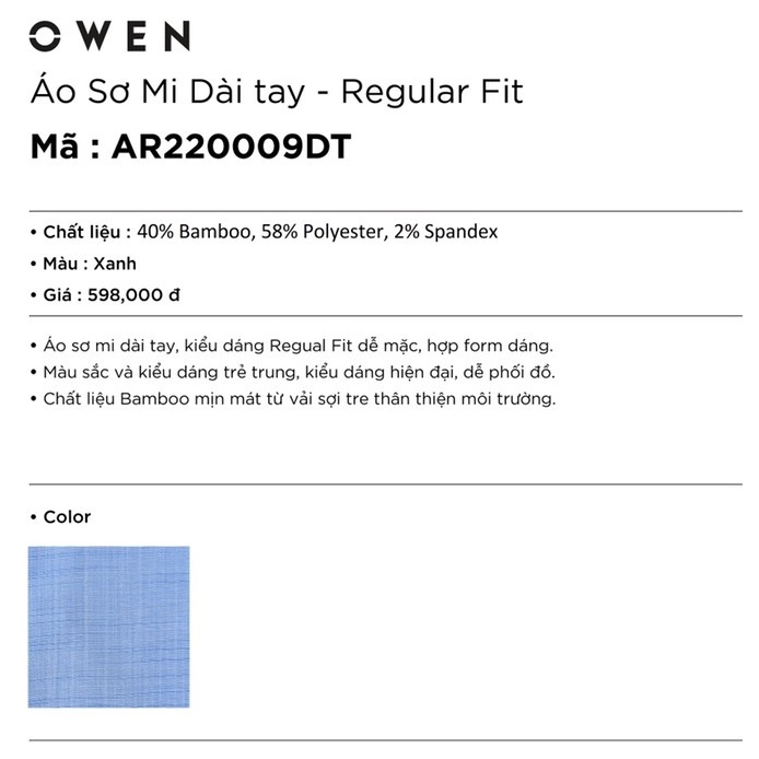 Áo Sơ Mi Nam Dài Tay OWEN AR220009DT Somi Công Sở Cao Cấp Màu xanh slub ngang Dáng Suông Có Túi Chất Vải Sợi Tre Mềm Mát