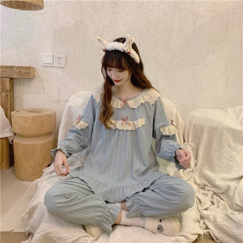 Bộ đồ ngủ nữ dài tay phối bèo bo chân style siêu dễ thương | BigBuy360 - bigbuy360.vn