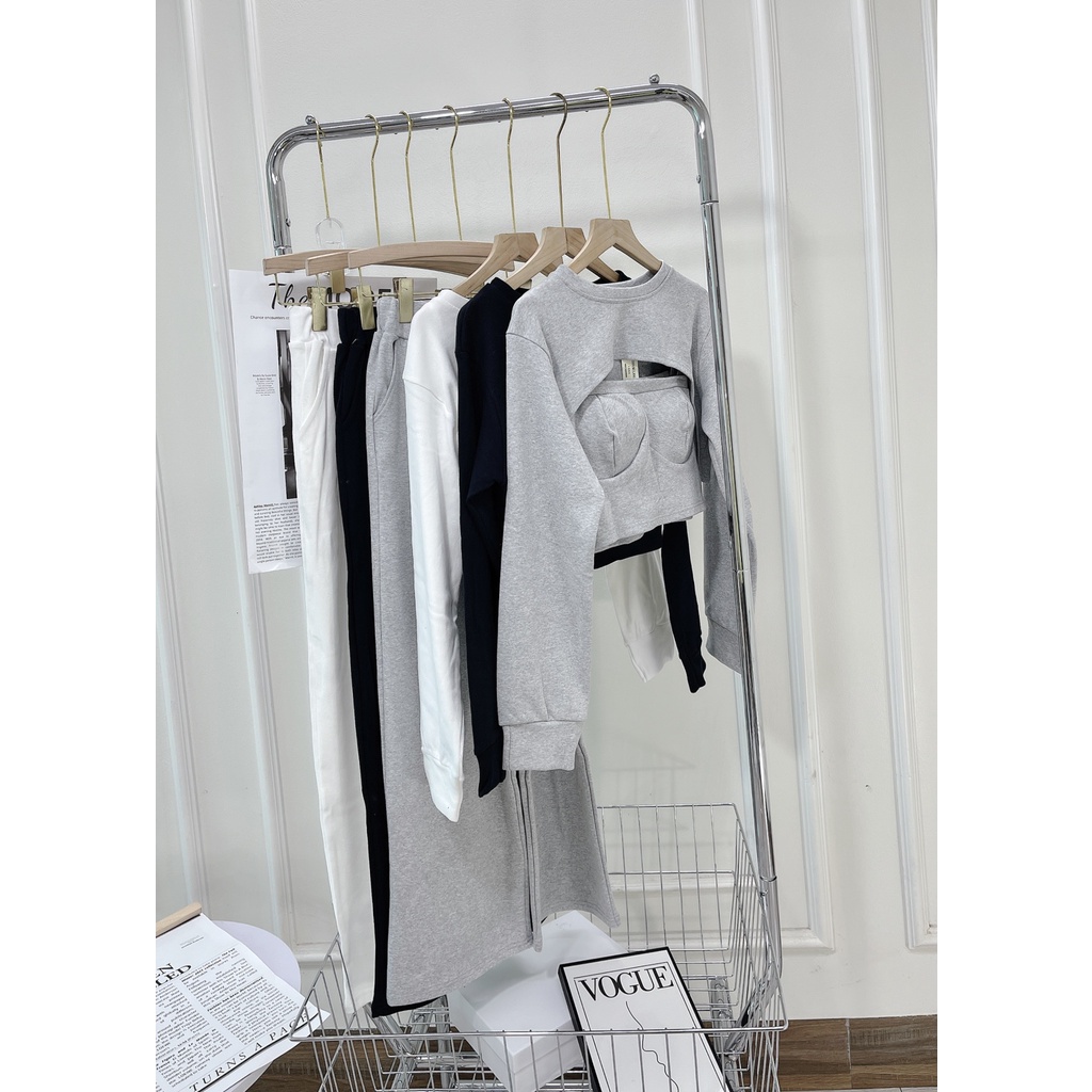 Set 3 món len croptop quần ống rộng áo khoét ngực kèm bra 2 dây DN250