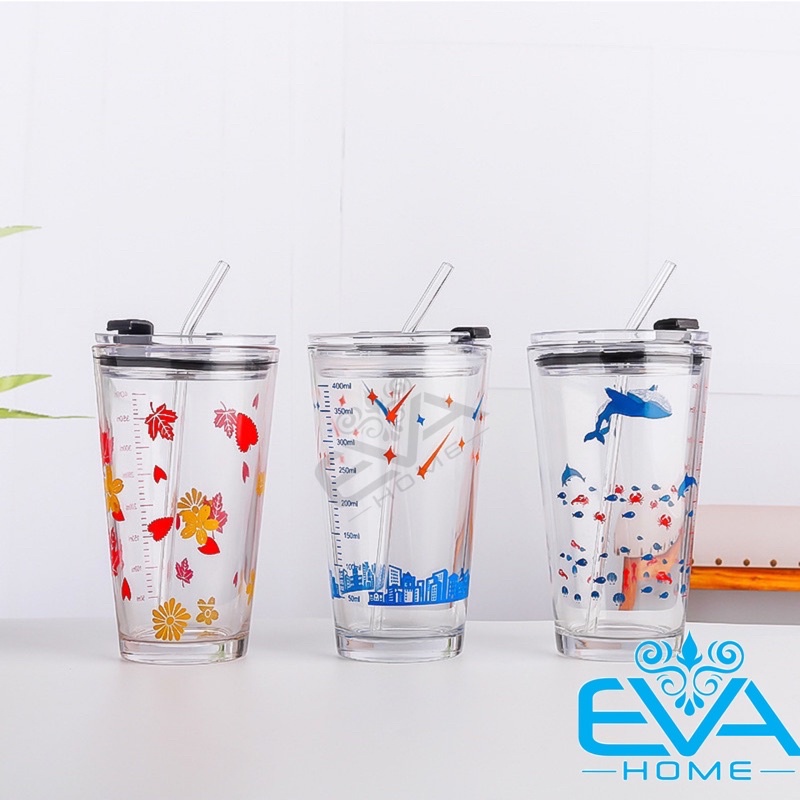 Ly Thuỷ Tinh In Hoạ Tiết Hoạt Hình Có Nắp Đậy Hút Chân Không Kín Hơi 400 Ml Tặng Kèm Ống Hút Thuỷ Tinh An Toàn