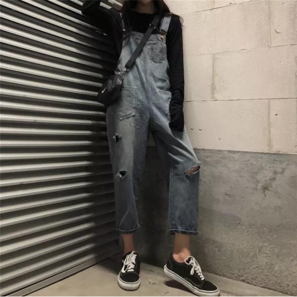 [ Sẵn s M 2xl 4xl ] Quần yếm bò jeans ulzzang có size bigsize / quần yếm ống suông rách gối xịn | BigBuy360 - bigbuy360.vn